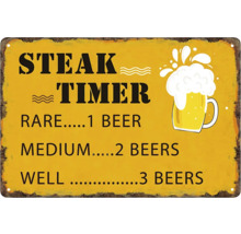 Dekoratives Metallschild mit der Aufschrift Steak Timer und einer Bierillustration