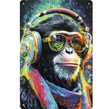 Metallschild mit farbenfrohem Affen mit Kopfhörern und Brille