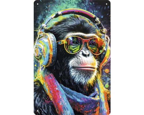 Metallschild mit farbenfrohem Affen mit Kopfhörern und Brille