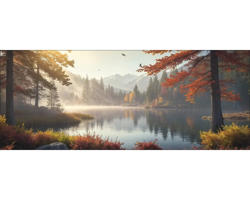 Glasbild Landscape In The Morning Mist III 125x50 cm Landschaft mit See, Bäumen und Bergen im Herbst