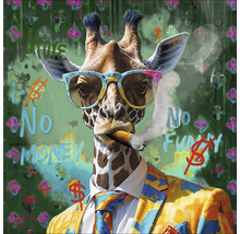 Grafik einer Giraffe mit Anzug, Brille und Zigarre vor gemustertem Hintergrund