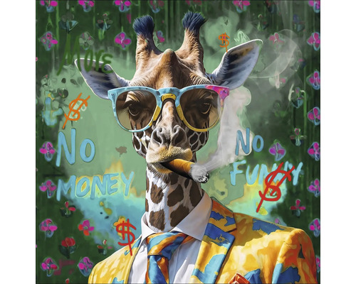 Grafik einer Giraffe mit Anzug, Brille und Zigarre vor gemustertem Hintergrund