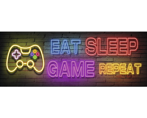 Leinwandbild Game Repeat II 77x27 cm Neonreklame mit Spielkonsole, Essen, Schlafen, Spielen, Wiederholen auf einer Ziegelwand