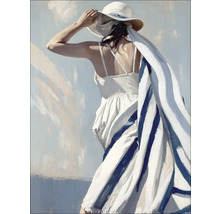 Gemälde einer Frau mit Hut und gestreiftem Tuch