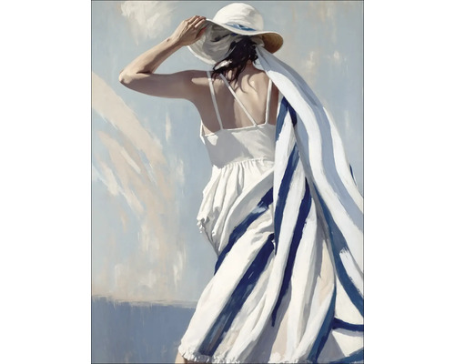 Leinwandbild Girl On The Beach IV 57x77 cm Gemälde einer Frau mit Hut und gestreiftem Tuch