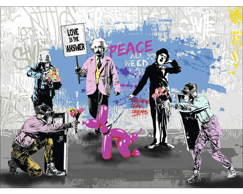 Leinwandbild LoveIs The Answer 116x84 cm Wandbild mit Personen, Tieren und dem Text 'Love is the answer'