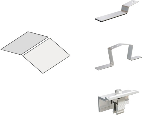Montageset für Photovoltaikanlagen mit Solarmodulen, Halterungen und Klemmen aus Metall.