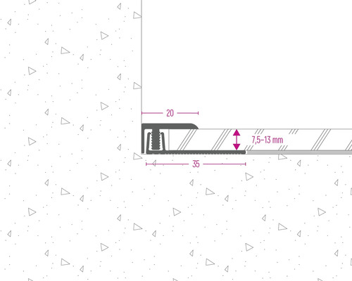 Illustration eines Übergangsprofils mit den Maßen 20 Millimeter, 35 Millimeter und 7,5 bis 13 Millimeter.