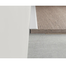 Detailansicht einer Fußleiste an einer Wand und einem Bodenbelag.