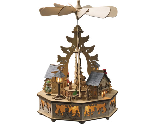 LED Holzpyramide Konstsmide naturfarben 8 LEDs Lichtfarbe warmweiß Hölzerne Weihnachtspyramide mit Winterdorf-Szene und Drehflügeln