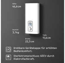 Elektronischer Durchlauferhitzer mit den Maßen Höhe 46,6 cm, Breite 22,5 cm und Tiefe 11,6 cm