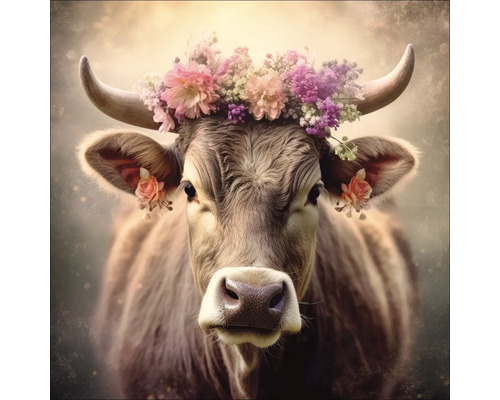 Porträt einer Kuh mit Blumenkranz