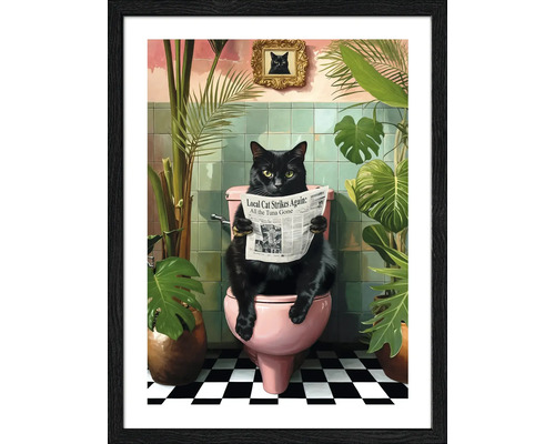 Gerahmtes Bild Lustige Katze 33x43 cm Gerahmtes Bild einer Katze, die auf einer Toilette sitzt und eine Zeitung liest, in einem Badezimmer mit Pflanzen