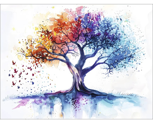 Leinwandbild Colorful Tree II 116x84 cm Aquarellgemälde eines Baumes mit unterschiedlichen saisonalen Farben