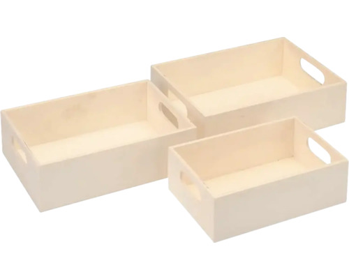 Drei Holztabletts in unterschiedlichen Größen mit Griffen