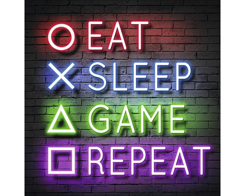 Glasbild Game Repeat III 20x20 cm Neonreklame mit der Aufschrift: Essen, Schlafen, Spielen, Wiederholen