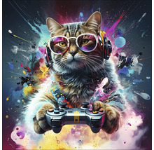 Katze mit Kopfhörern und Brille spielt Videospiele mit einem Controller