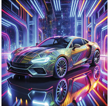 Sportwagen mit spezieller Lackierung vor Neonlichtkulisse