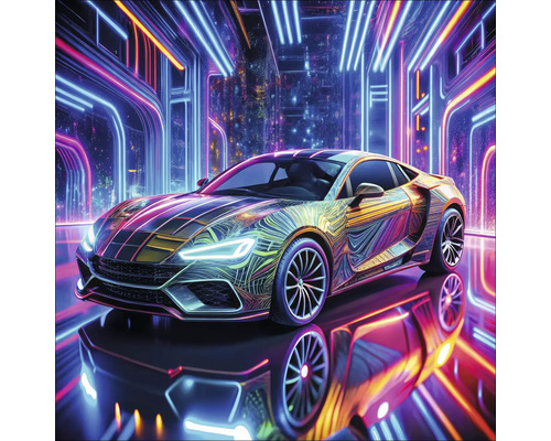 Sportwagen mit spezieller Lackierung vor Neonlichtkulisse