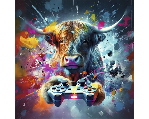 Glasbild Gaming Cattle 80x80 cm Illustration eines Hochlandrindes mit Videospiel-Controller