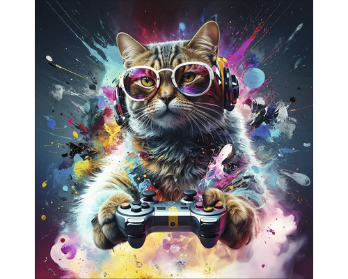 Katze mit Kopfhörern und Brille, die einen Controller hält