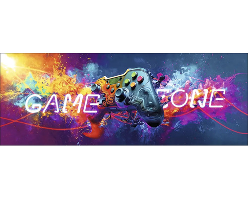 Spielkonsole mit Schriftzug Game Zone vor farbenfrohem Hintergrund