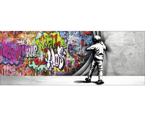 Leinwandbild Graffiti Discovery 77x27 cm Dekorative Wand mit Graffiti und einem Jungen, der einen Vorhang lüftet