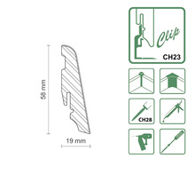 Abbildung einer Sockelleiste mit den Maßen 58 mm Höhe und 19 mm Breite sowie Symbole zur Clipmontage.