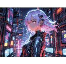 Cyberpunk-Szene mit einer Frau in einer von Neonlichtern beleuchteten Stadt