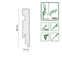 Schematische Darstellung eines 80 mm x 15 mm Profils mit Clip-Befestigungssystem CH23 und Montagehinweisen für Schrauben CH28, Klebstoff, Bohrmaschine und Schraubendreher