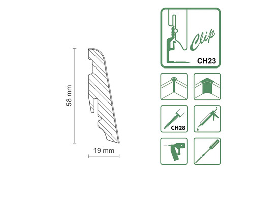 Abbildung eines Sockelleistenprofils mit den Maßen 58 mm Höhe und 19 mm Breite sowie Symbole zur Clipbefestigung und Montage.