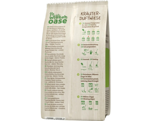 Samenpackung Kräuterduftwiese mit Anweisungen zu Aussaattemperatur, Bodenvorbereitung, Aussaat, Keimdauer, Wässerung und Mähen