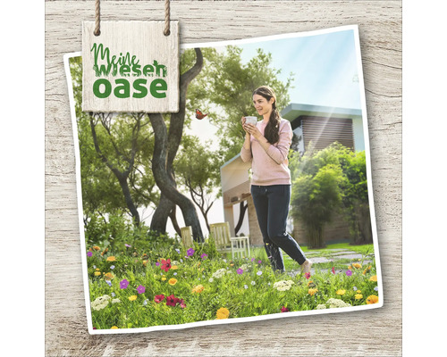 Illustration einer Frau, die eine Tasse in einem Garten mit einer Wildblumenwiese hält