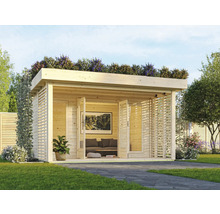 Gartenhaus mit Flachdach, Doppeltür und begrünter Dachfläche im Garten.