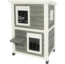 Zweistöckiges Katzenhaus aus Holz mit Fenstern und Treppe