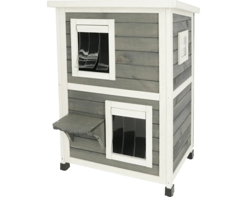 Zweistöckiges Katzenhaus aus Holz mit Fenstern und Treppe