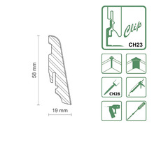 Profilleiste mit den Maßen 58 mm x 19 mm und Symbolen für Clipmontage, Eckmontage, Schraubmontage und Klebemontage