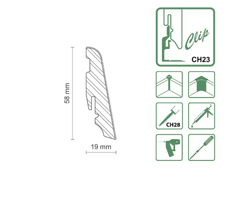 Profilleiste mit den Maßen 58 mm x 19 mm und Symbolen für Clipmontage, Eckmontage, Schraubmontage und Klebemontage
