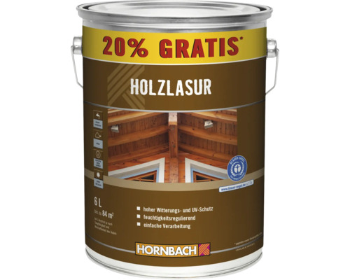 Holzlack in einer Metalldose mit Hornbach Logo und blauem Engel Siegel