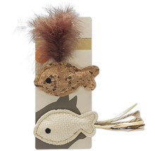 Katzenspielzeug mit Federn und Fischmotiven aus Kork und Stoff