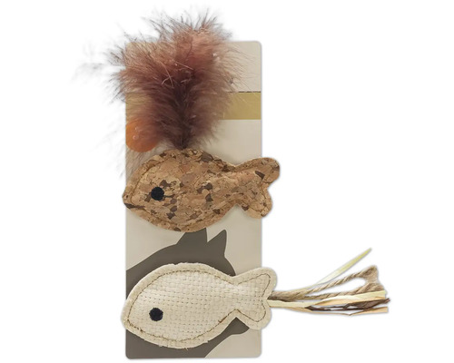 Katzenspielzeug mit Federn und Fischmotiven aus Kork und Stoff