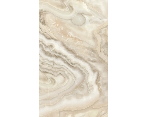 Nahaufnahme einer beigen Marmorfliese mit gewirbelter Textur.