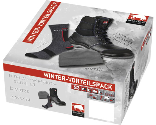 Wintervorteilspackung mit Thermo-Sicherheitsstiefel S3, Mütze und Socken in einer Verpackung