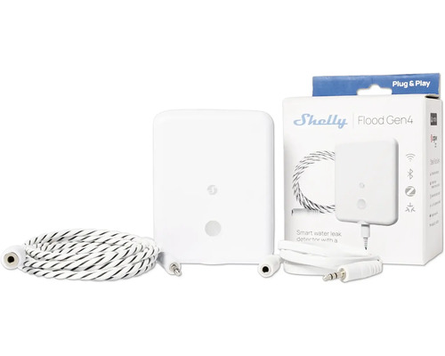 Shelly Flood Gen4 Wasserleckdetektor mit Kabel und Verpackung