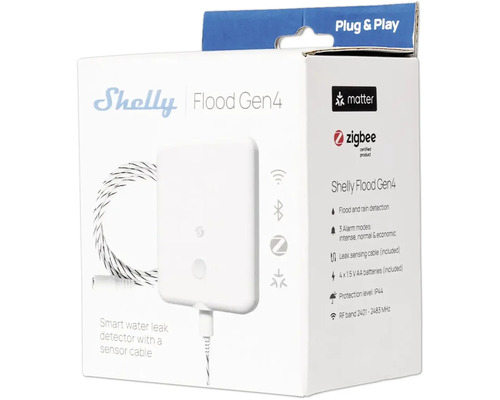 Shelly Flood Gen4 Wassermelder mit Sensorkabel in Verpackung