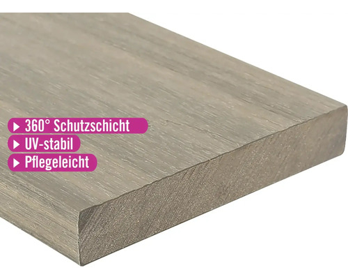 Konsta WPC Terrassendiele Nativo Vollprofil beschichtet Randdiele 22,5x138x3000 mm Eiche hellgrau Terrassendiele mit 360 Grad Schutzschicht, UV-stabil und pflegeleicht