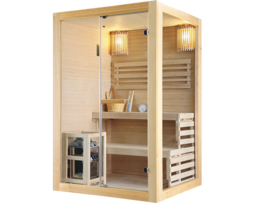 Sauna mit Holzausstattung und Glasfront