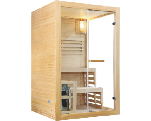 Holzsauna mit Glastür und Inneneinrichtung