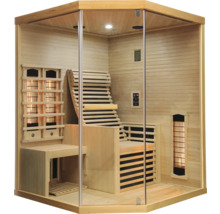 Infrarotsauna mit Glasfront und Holzinnenausstattung.