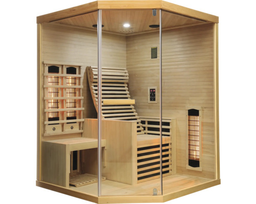 Infrarotsauna mit Glasfront und Holzinnenausstattung.